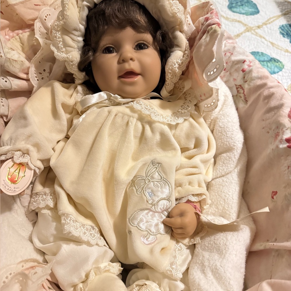 Charming Cream Baby Doll with Bonnet